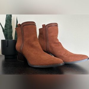 JustFab Women’s “Keke” Faux Suede Low-Mid Heel Bootie | Size: 7.5 | Color: Brown